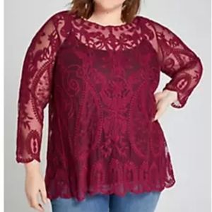 *Embroidered Mesh Floral Red Tunic Top in Size 18/20*